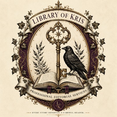 The Library of Kris crest: a raven perched on an ornate key over an open book, Professional Editorial Services