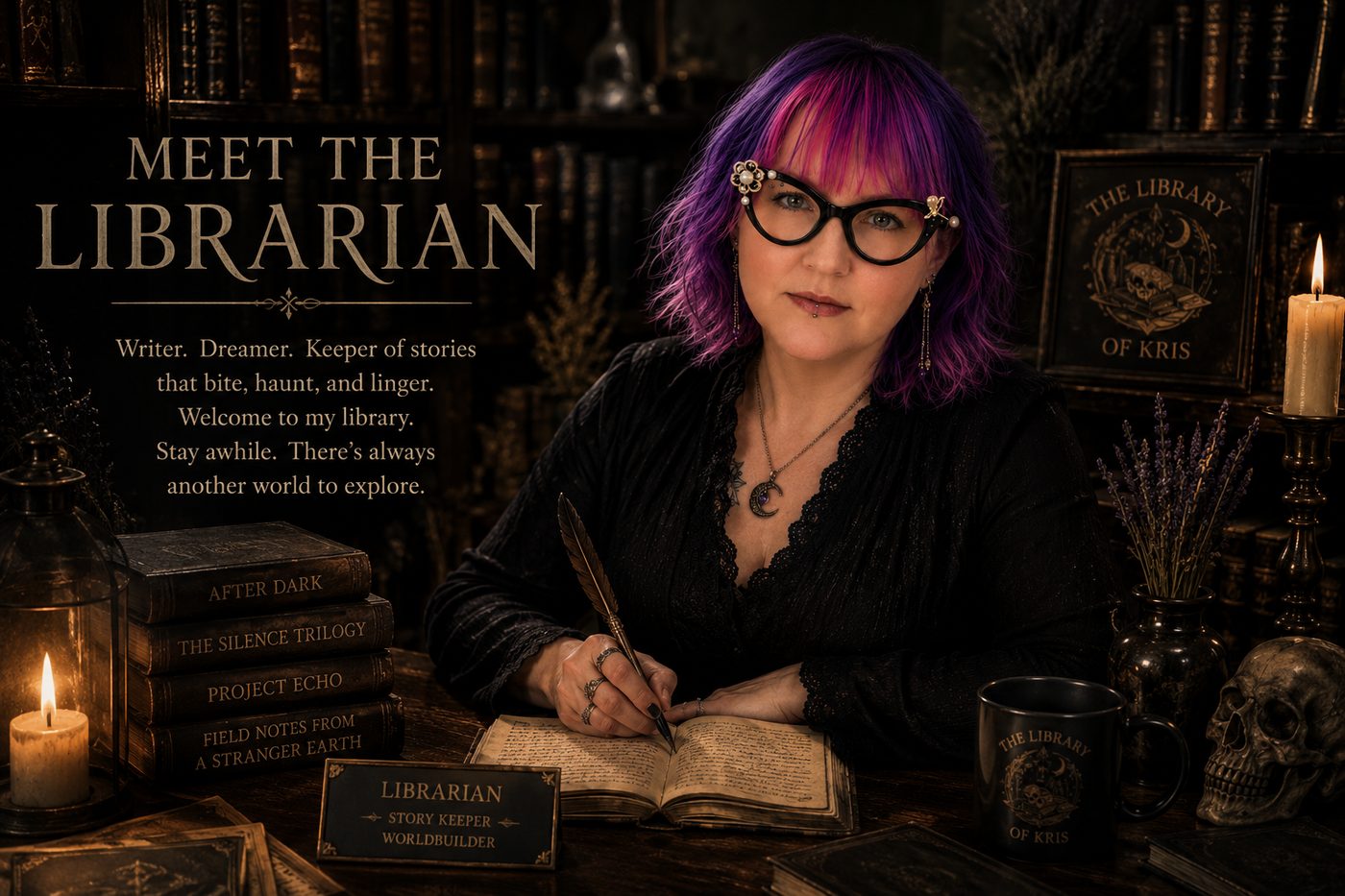 Meet the Librarian &mdash; Kris Buckel at her writing desk. Writer. Dreamer. Keeper of stories that bite, haunt, and linger. Welcome to my library. Stay awhile. There's always another world to explore.